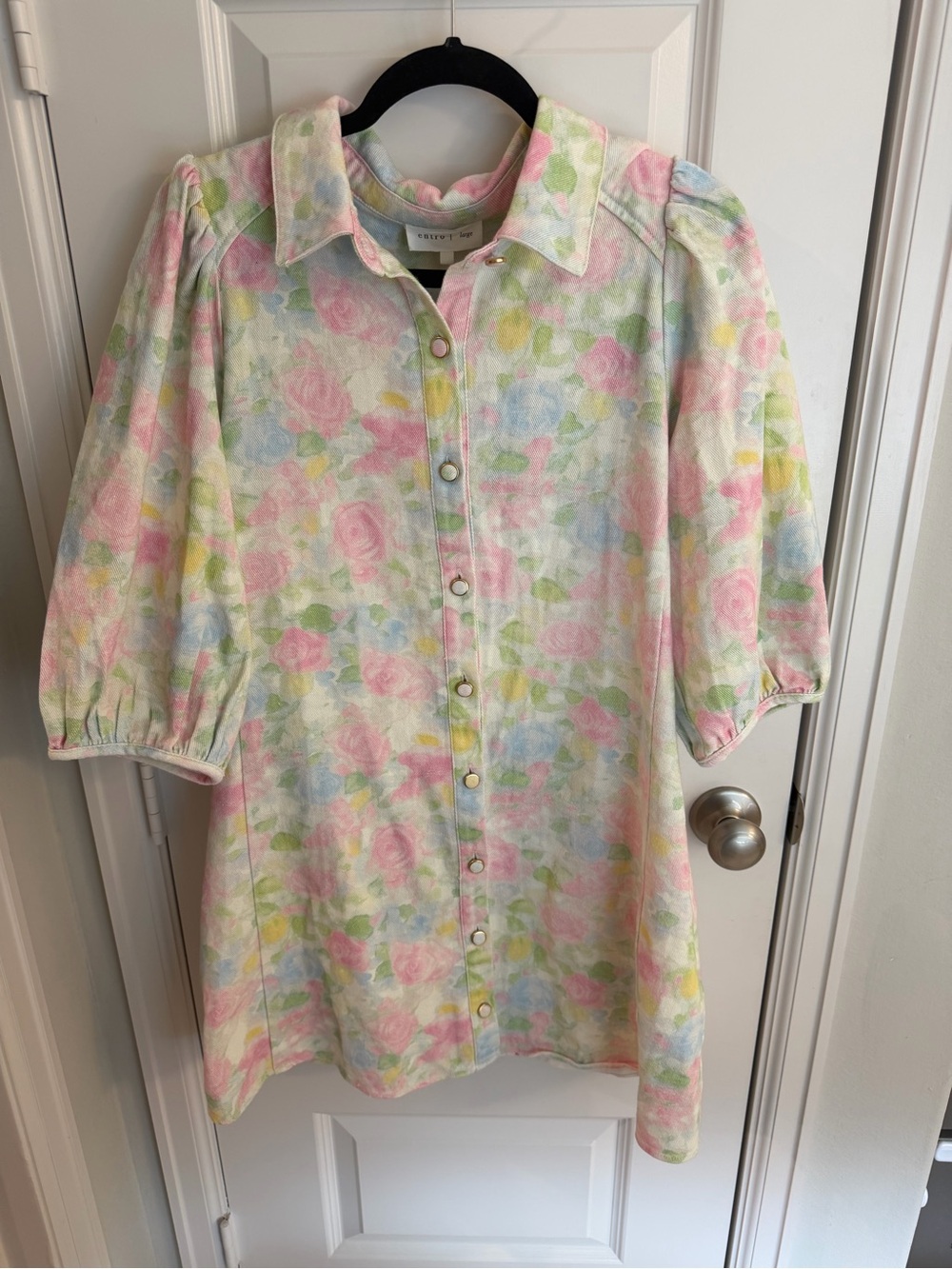 Pastel Floral Denim Button-Front Dress Top